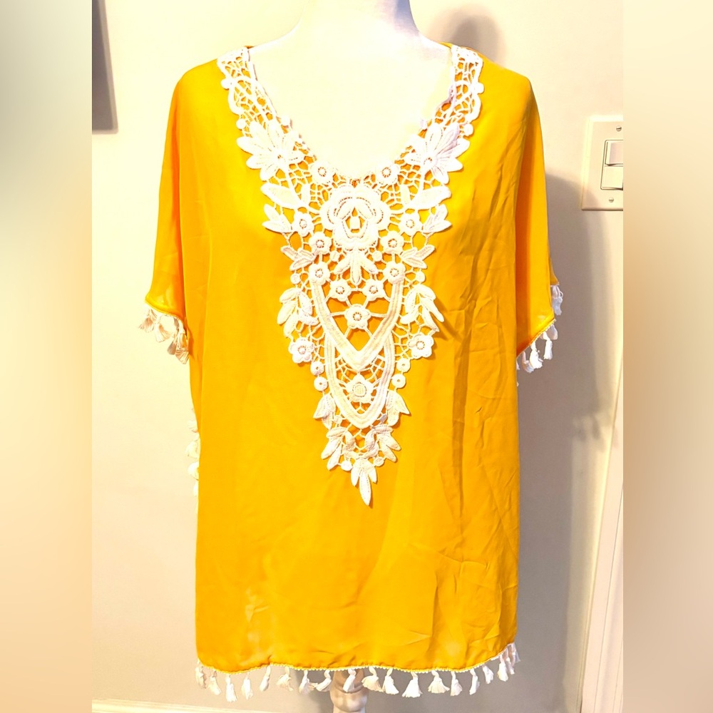 NEW Yellow Kaftan Coverup with White Lace Detail